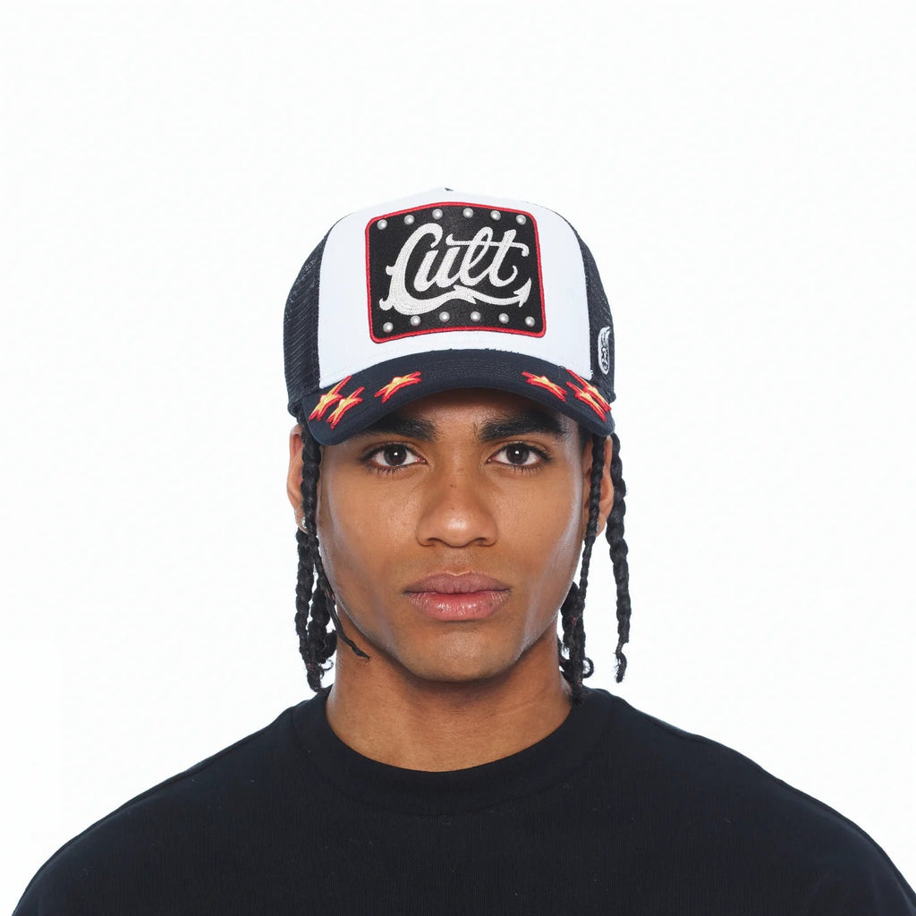 Cult's Mesh Back Trucker Hat "Stars" In White 626BC-CH48A