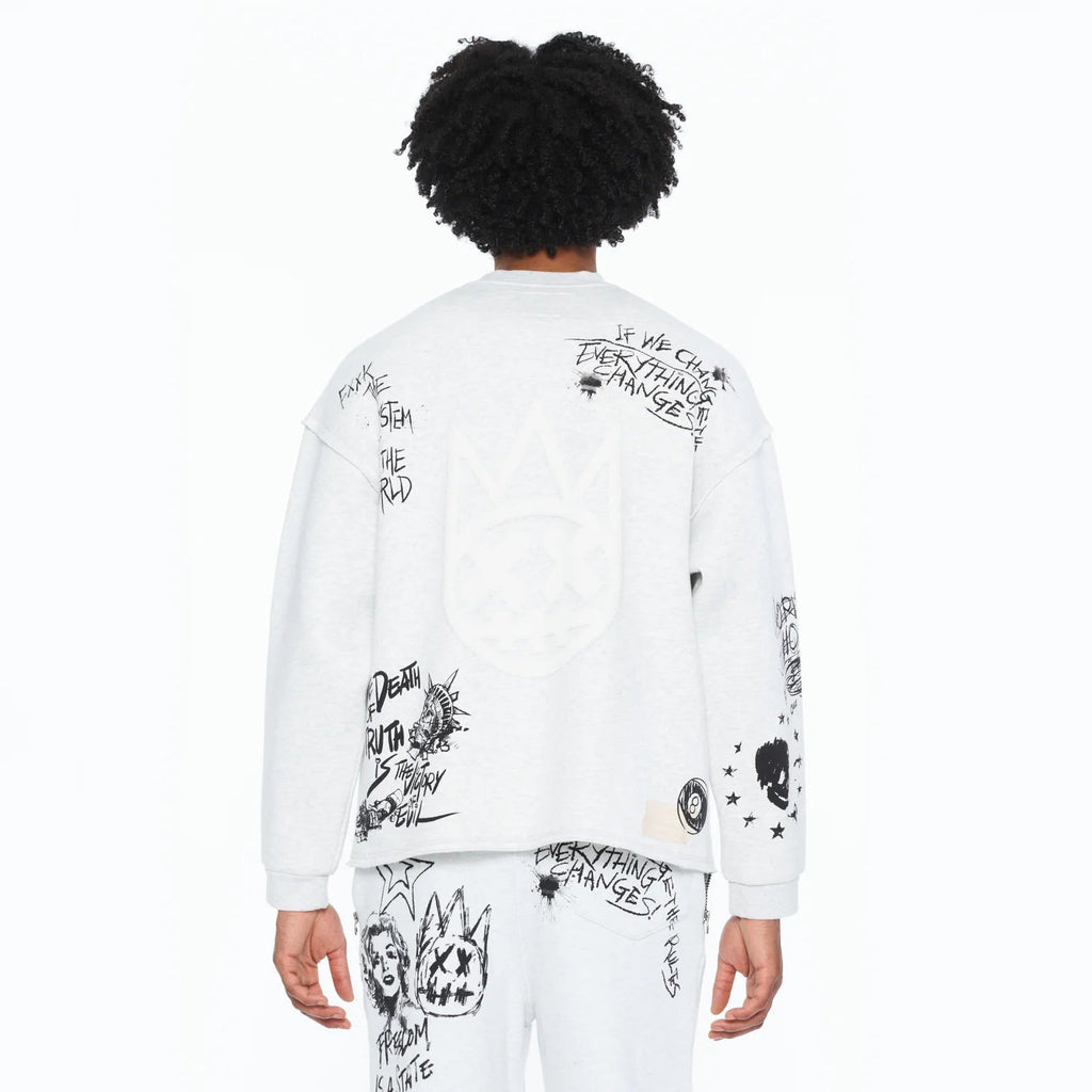 Cult's French Terry Fleece Crew Sweatshirt "The Death Of Free Speec In Heather Grey 626B8-FC19A