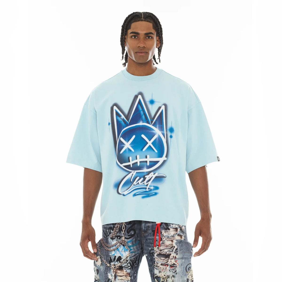 Cult's Oversized Short Sleeve Crew Neck Tee "Airbrush" in Blue Glow 626A4-K38A