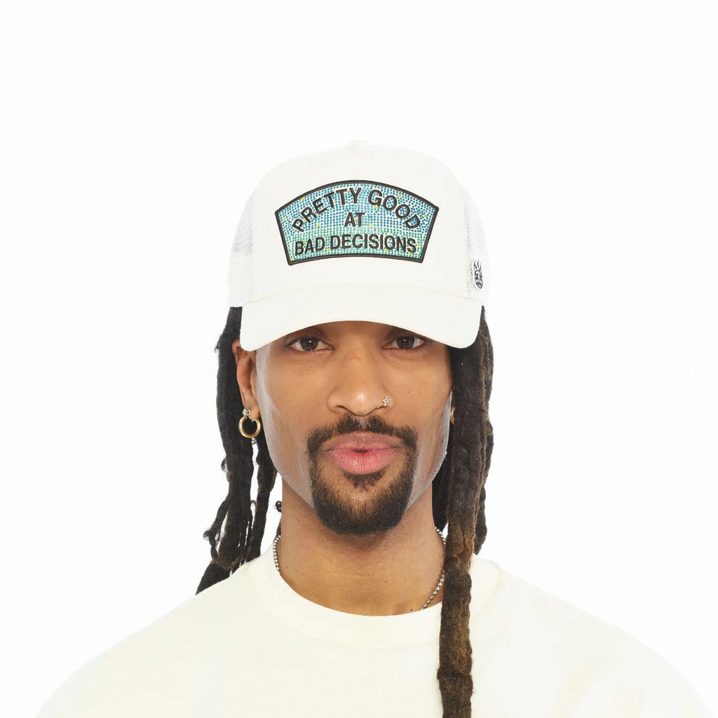 Cult's Mesh Back Trucker Hat "Pretty Good At Bad Decisions" In Winter White  626BC-CH76A