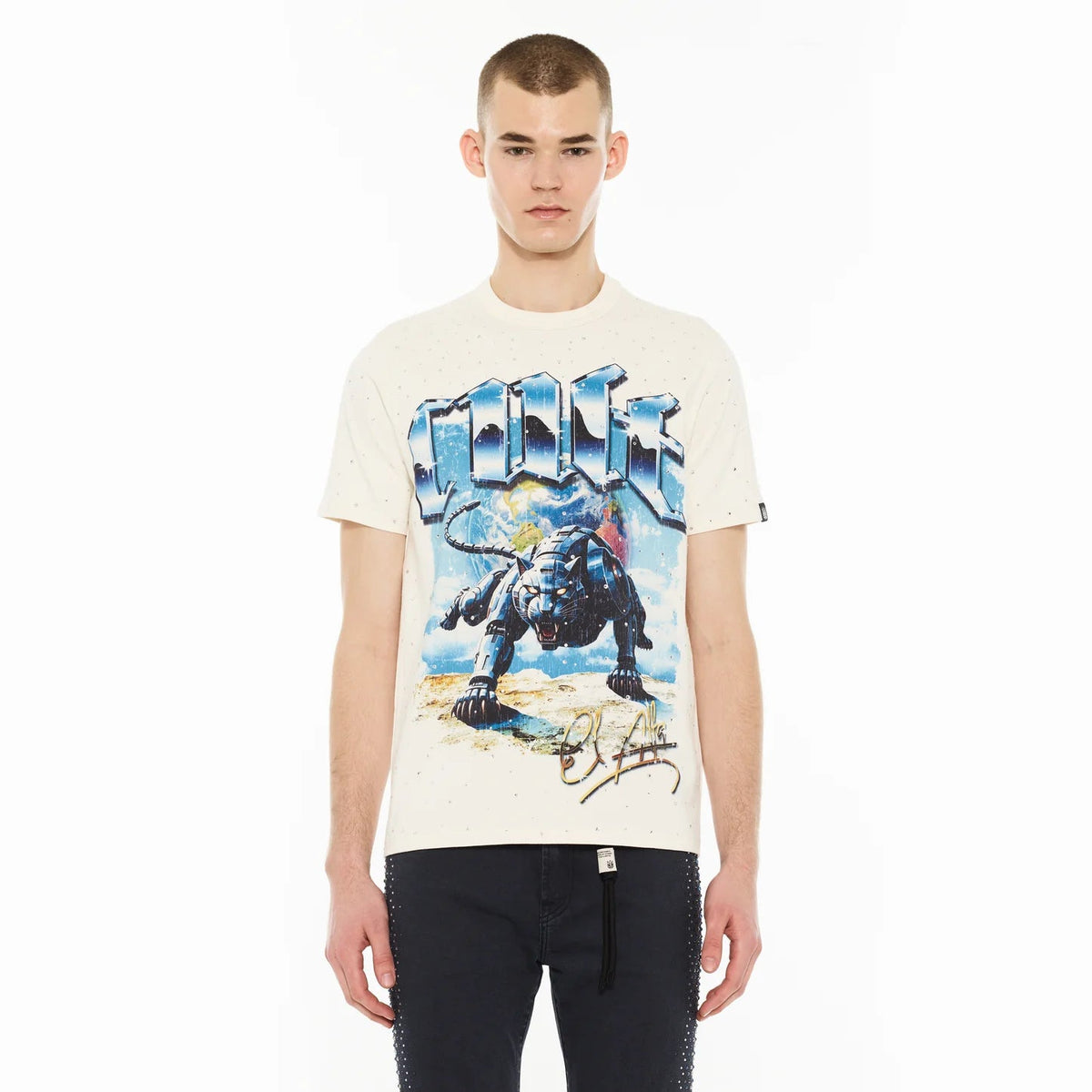Cult x El Alfa Premium Short Sleeve Crew Neck Tee "Panther" in Winter White 625B8-K43A