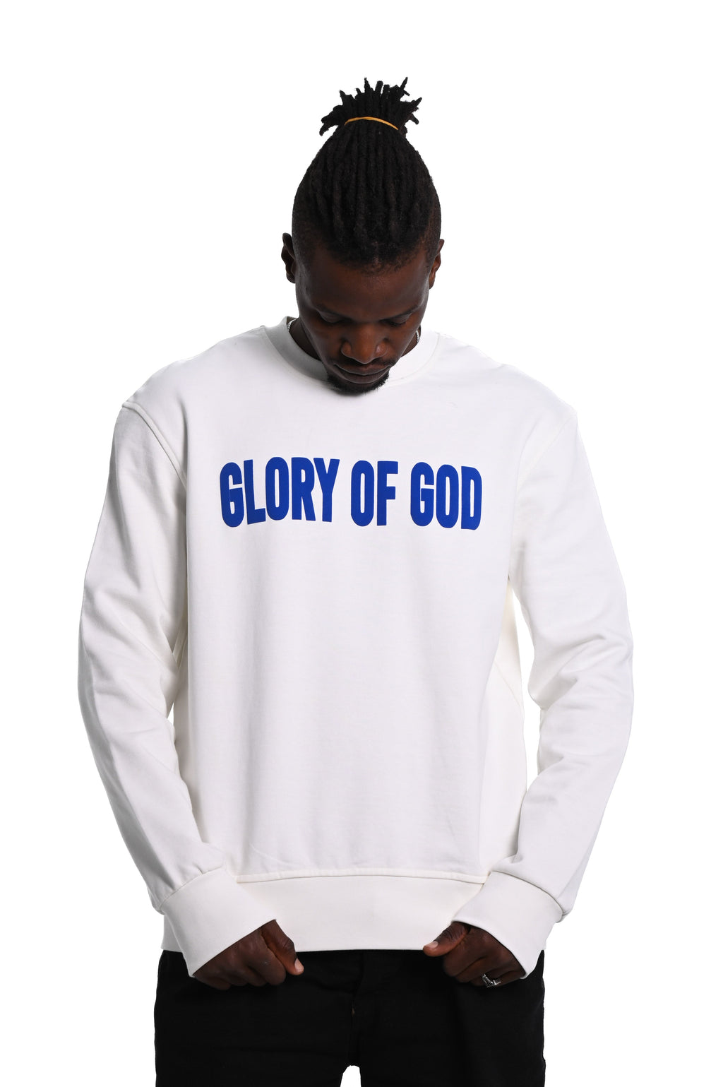 Glory of God Oversized Sweatshirt- White- Blue print