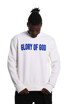 Glory of God Oversized Sweatshirt- White- Blue print