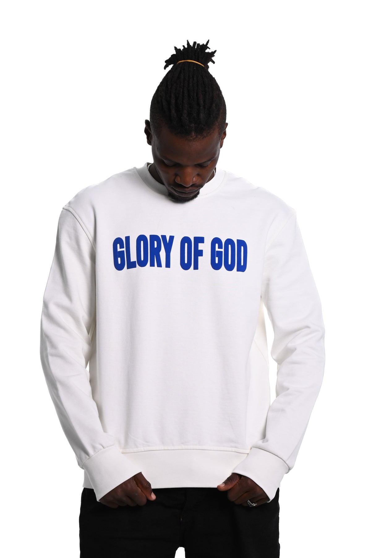 Glory of God Oversized Sweatshirt- White- Blue print