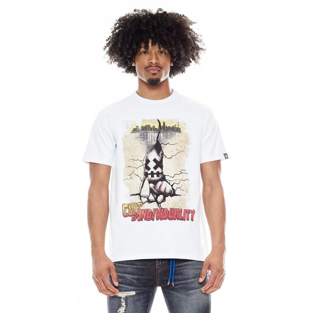Cult's Short Sleeve Crew Neck Tee "Cracked Wall" in White