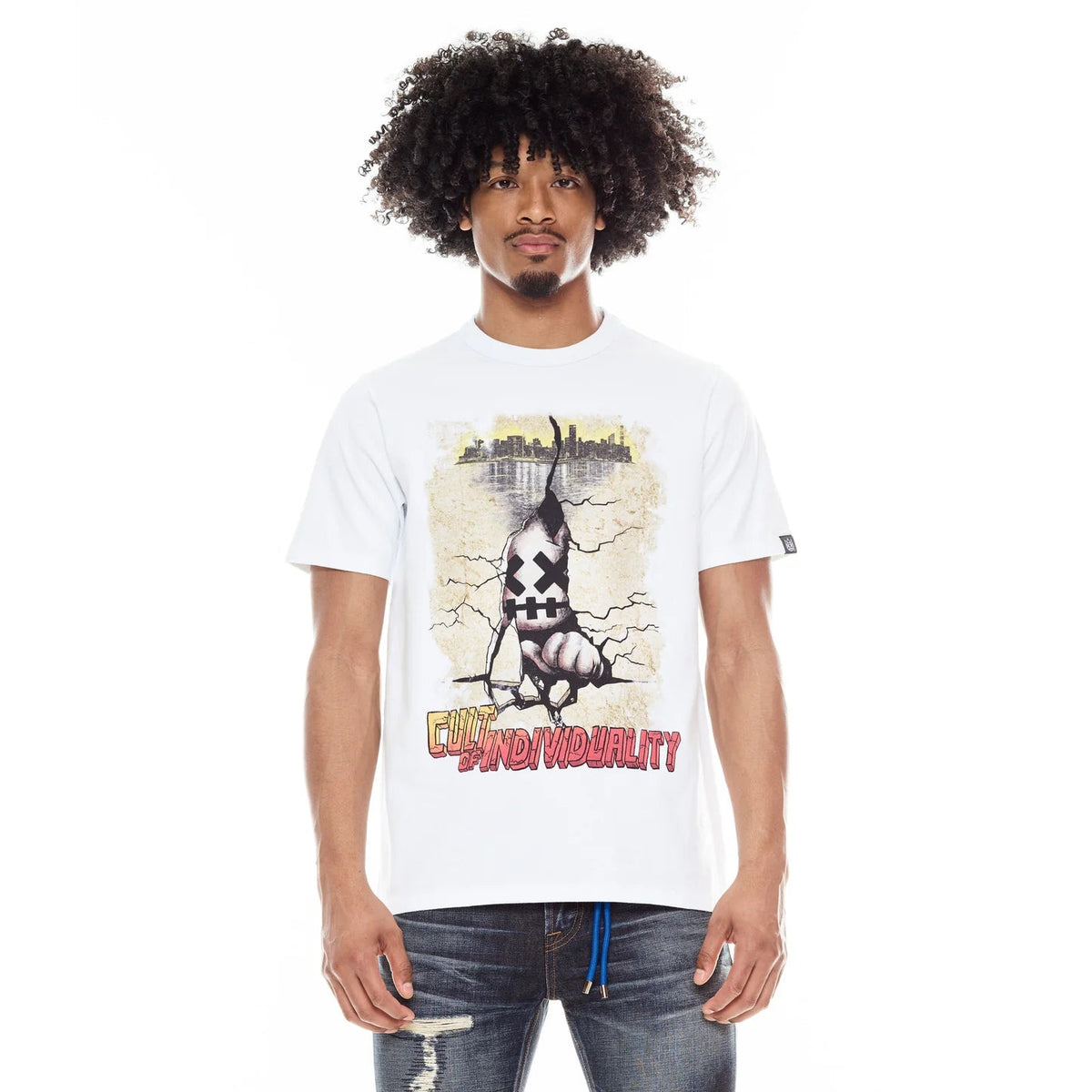 Cult's Short Sleeve Crew Neck Tee "Cracked Wall" in White