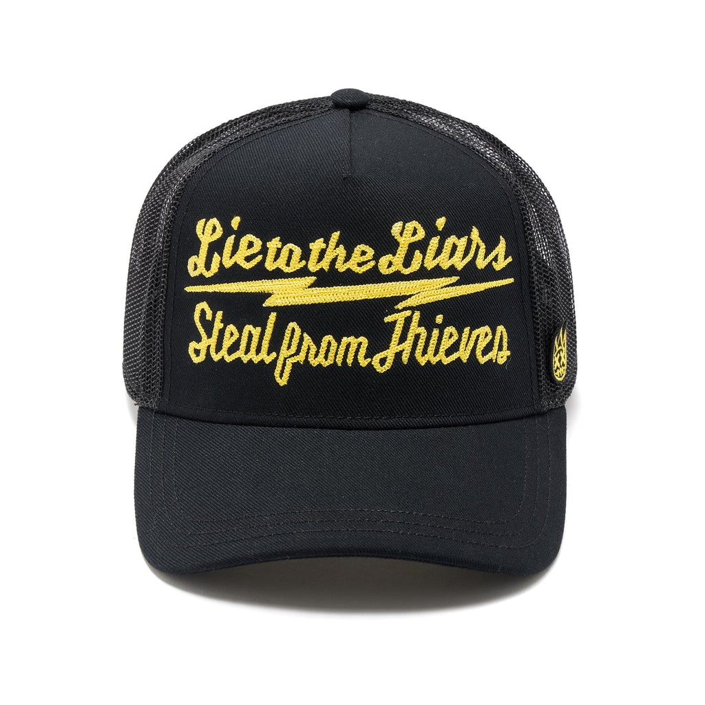 Cult's Mesh Back Trucker Hat "Lie To The Liars" In Black/Yellow 626BC-CH66A