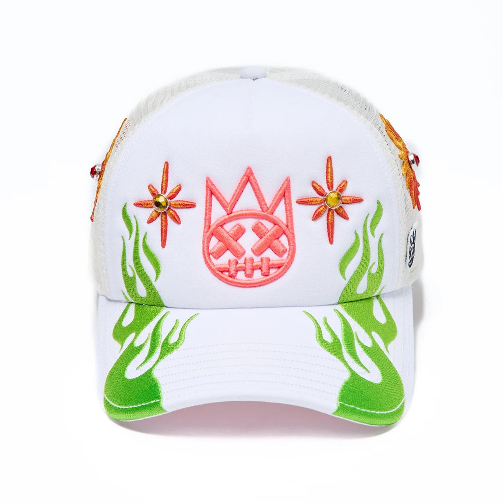 Cult's Mesh Back Trucker Hat "Sunny Daze Spider" In Winter White 626AC-CH65A